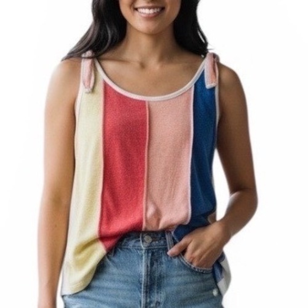 Entro Womens Multicolor Stripe Tie Shoulder Linen‎ Blend Tank Top Small 4710